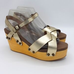 Flogg Leather Strappy Wood Wedge Heel Sandal with Adjustable Ankle Strap.